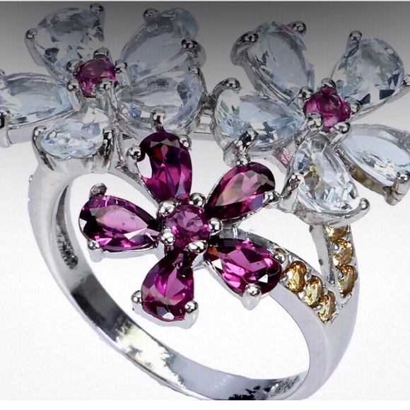 Sterling Silver Ring size 9 Aquamarine Rhodolite Garnet Sapphire unheated Pear - Picture 2 of 5